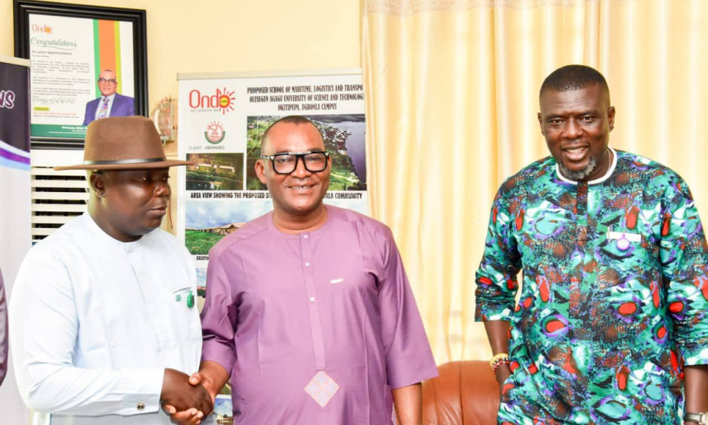 OSOPADEC Chairman Prince Biyi Poroye meets with Governor Aiyedatiwa's aides, Hon. Alore Omosuyi and Hon. Anthony Owoturo, to discuss improved Niger Delta security in Ondo State.