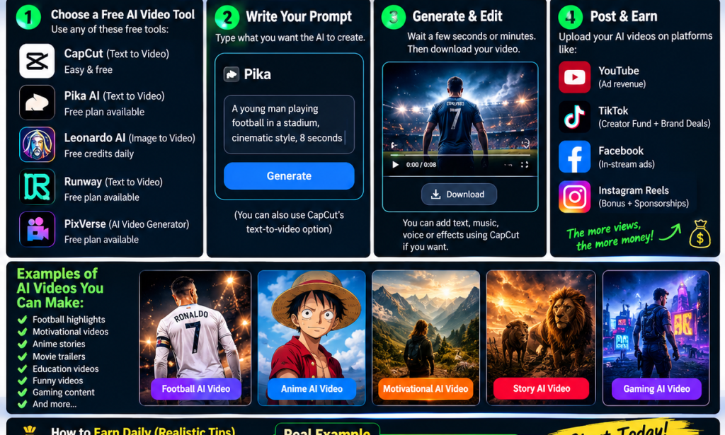 How to Make AI Videos for Free and Earn Money Daily