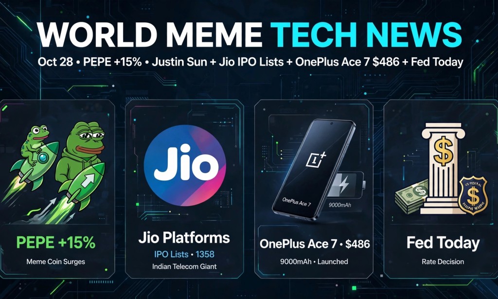 World Meme Tech News Oct 28: PEPE +15% Justin Sun $51M, Jio IPO Lists at Rs 1,358 +21.36%, OnePlus Ace 7 Launches at Rs 69,990, Fed Decision Today