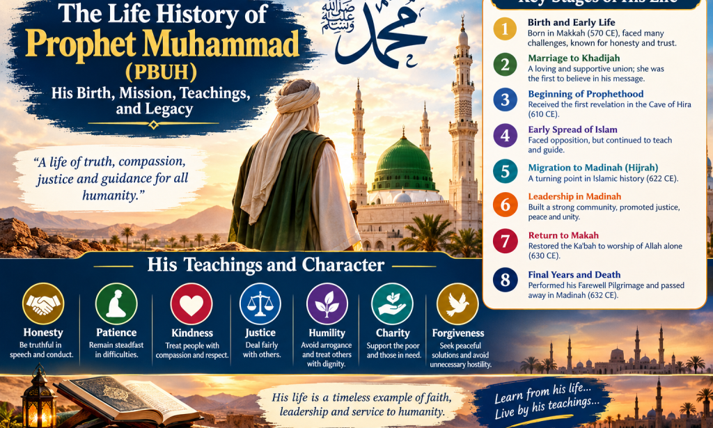 The Life History of Prophet Muhammad (PBUH): His Birth, Mission, Teachings, and Legacy