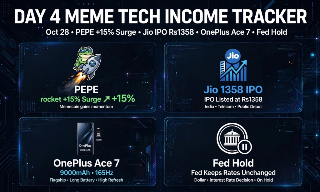 Day 4 Meme Tech Income Tracker Oct 28: PEPE +15% Justin Sun $51M, Jio IPO Lists at Rs 1,417 +27%, OnePlus Ace 7 9000mAh 100W, Fed Holds Rates at 3.75-4%